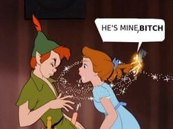 bow clothing cum disney dress edit english_text erection female funny humor male penis peter_pan_(character) peter_pan_(disney) speech_bubble tagme text tinker_bell wendy_darling