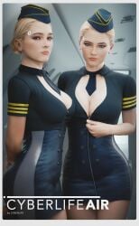 2girls 3d 3d_(artwork) airplane airplane_interior android blonde_female blonde_hair blonde_hair chloe_(detroit:_become_human) detroit:_become_human female female_only fugtrup light-skinned_female light_skin looking_at_viewer stewardess stewardess_uniform