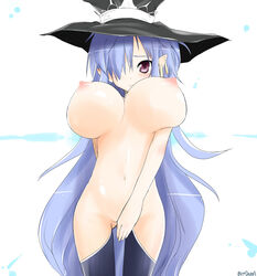 blue_hair breasts cover_page dama earrings fatima female hair_over_one_eye hat huge_breasts jewelry long_hair luminous_arc luminous_arc_2 naked_thighhighs nipples nude pointy_ears purple_eyes solo stockings thigh_gap thighhighs very_long_hair witch witch_hat