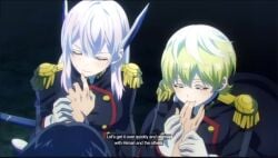 anti-demon_corps_uniform black_hair blonde_hair blush fingers fingers_in_mouth izumo_tenka male mato_seihei_no_slave speech sucking_fingers tagme text uzen_kyouka video wakura_yuuki white_hair women