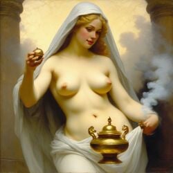 ai_generated big_breasts blonde_hair breasts curly_hair curvy female flower flowers gold_(metal) halo hooded_cloak incense_burner lips long_hair nipples pillars realistic smoke solo topless william_bouguereau