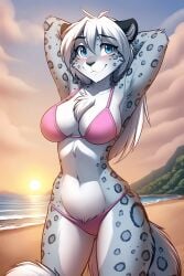 2024 aged_up ai_generated anthro beach bikini blue_eyes female furry leopard_spots looking_at_viewer maeve_(twokinds) pink_bikini snow_leopard snow_leopard_humanoid solo sunset twokinds webcomic white_hair