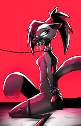 2025 absurd_res accessory anthro belt biped black_nose bodily_fluids bondage bondage bound breasts chain_leash chains collar digitigrade do_(gatonejo) drooling eyeliner female female_anthro fur gatonejo grey_body grey_fur grey_hair hair hair_accessory hair_tie hands_tied_behind_back hi_res kneeling leash leashed_collar light long_ponytail looking_away makeup mammal mouthpiece nude nude_anthro nude_female ponytail procyonid pupils raccoon red_background red_pupils red_theme restrained restrained_arms restrained_legs saliva shadow signature simple_background solo submissive submissive_anthro submissive_female thick_thighs warm_colors