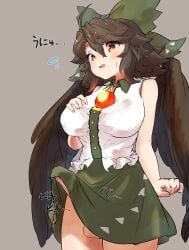 1futa big_breasts big_penis black_hair blush bottomless breasts clothed clothing erection futa_only futanari humanoid humanoid_penis japanese_text light-skinned_futanari light_skin long_hair mostly_clothed penis solo standing touhou translation_request uisu_(noguchipint) utsuho_reiuji wings