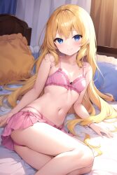 1girls ai_generated bed blonde_hair blue_eyes breasts bsd bungo_stray_dogs elise_(bungo_stray_dogs) female long_hair looking_at_viewer lying navel pillow pink_bra pink_panties small_breasts smile solo