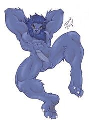 1boy 2010 anthro beast_(x-men) blue_fur claws front_view furry hands_behind_head hank_mccoy huge_muscles lucas_ackerman male male_only marvel nude penis solo tagme x-men