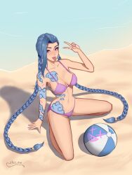 1girls alternate_breast_size ball beach beach_ball bikini blue_eyes blue_hair braid female female_focus female_only jinx_(league_of_legends) league_of_legends light-skinned_female light_skin long_hair medium_breasts outside painted_nails peace_sign pinup sand shio_aw solo spread_legs swimsuit tattoo tattoos teasing thighs tongue tongue_out violet_eyes water