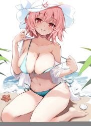 beach big_breasts bikini efe hat headwear huge_breasts light-skinned_female light_skin light_smile mature_female milf pink_eyes pink_hair plant sitting sitting_down thick_thighs thighs touhou water yuyuko_saigyouji