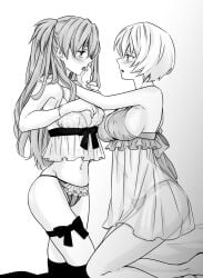 2girls asuka_langley_sohryu black_and_white blush female/female gainax lilina_zero lingerie long_hair monochrome neon_genesis_evangelion panties passionate rei_ayanami short_hair yuri