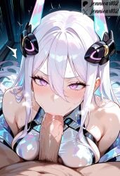 1boy :>= ai_generated azur_lane bangs bare_shoulders blush breast_press breasts breath clothed_female clothed_female_nude_male clothing erection eyebrows fellatio female female hair_between_eyes hair_ornament headgear heart horns jennieart02 kearsarge_(azur_lane) large_breasts large_penis leotard long_hair looking_at_viewer male male_pov male_pubic_hair nipples nude off_shoulder oral patreon patreon_logo patreon_username penis pov_crotch pubic_hair purple_eyes saliva solo_focus straight sweat text twitter twitter_username upper_body veins veiny_penis very_long_hair watermark white_hair white_leotard