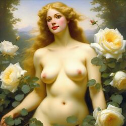 ai_generated belly blonde_hair blue_eyes breasts convenient_censoring curly_hair curvy female flower flowers lips long_hair medium_breasts navel nipples nude presenting realistic rose_(flower) smile solo white_rose william_bouguereau