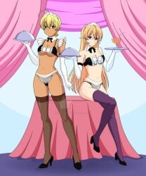 2girls bikini bikini_bottom bikini_top black_high_heels blonde_hair dish food_wars glass_cup greenboy07 hypnosis hypnosis jimryu long_gloves long_hair maid maid_apron maid_bikini maid_headdress mind_control mito_ikumi nakiri_erina see-through_apron shokugeki_no_souma stockings tan_skin watermark