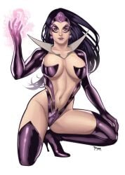 1girls black_hair breasts carol_ferris dc dc_comics earrings elizabeth_torque female female_focus female_only gloves glowing_hands green_lantern_(series) high_heels light-skinned_female lips lipstick official_art star_sapphire_(dc) star_sapphire_corps straight_hair thighhighs thighs violet_lantern violet_lipstick