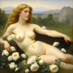 ai_generated belly blonde_hair blue_eyes breasts curly_hair curvy female flower flowers lips long_hair lying medium_breasts navel nipples nude presenting realistic rose_(flower) smile solo white_rose william_bouguereau