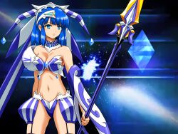 1girls armor big_breasts bikini_armor blue_eyes blue_hair breasts brown_hair busty character_request cleavage crystal female female_only highres large_breasts legs looking_at_viewer medium_hair navel parted_lips pink_lips polearm solo spear thighs voluptuous weapon