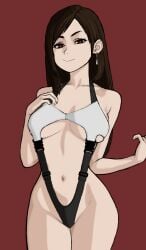 big_breasts brown_eyes dark_brown_hair earrings female female_focus female_only final_fantasy final_fantasy_vii final_fantasy_vii_remake long_hair looking_at_viewer navel smile thighs tifa_lockhart wabaki