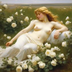 ai_generated belly blonde_hair blue_eyes breasts curly_hair curvy female flower flowers lips long_hair lying medium_breasts navel nipples presenting realistic rose_(flower) smile solo topless white_rose william_bouguereau