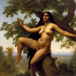 ai_generated belly black_hair bracelet breasts convenient_censoring curly_hair curvy dark-skinned_female earrings female indian_female lips long_hair medium_breasts navel nipples nude presenting realistic seductive_look seductive_smile sitting_in_tree smile solo thick_thighs tree william_bouguereau