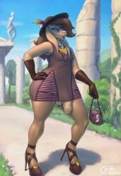 anthro balls biped bovid brown_body brown_hair caprine clothed clothing crossdressing footwear fur genitals girly goat hair hat headgear headwear hi_res high_heels jakethegoat jakethegoat_(character) jewelry male male_only mammal necklace no_underwear penis solo thick_thighs