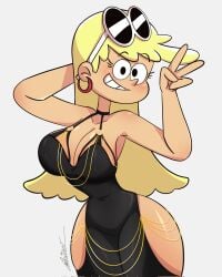 autart big_ass big_breasts black_dress blonde_female blonde_hair blonde_hair_female bottom_heavy busty cartoon child_bearing_hips curvaceous curvy curvy_body curvy_female curvy_figure dress glasses glasses_on_head hourglass_figure large_breasts leni_loud modakawa_dress peace_sign smile smiling_at_viewer the_loud_house thick_thighs thunder_thighs voluptuous voluptuous_female wide_hips