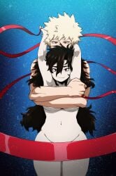 1boy 1boy1girl 1girls arms_around_partner completely_nude convenient_censoring katsuki_bakugou my_hero_academia nightlykrumbs original original_character ribbon tagme