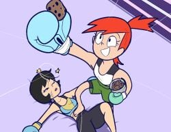 2girls boxing boxing_gloves boxing_match boxing_ring boxing_shorts cartoon_network cookie_jar cookies crossover female female_focus female_only foster's_home_for_imaginary_friends frankie_foster human jucika knocked_out netto-painter pusztai_pál ryona warner_brothers