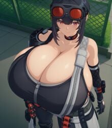 1girls aged_up ai_generated ammo ammo_belt backless_gloves bakunyuu bangs bangs_between_eyes big_breasts black_clothing black_gloves black_hair breast_focus breasts breasts_together cartridge choker cleavage clothed clothed_female clothing content_smile cowboy_shot cupless_bra detached_sleeves eyewear eyewear_on_head female female_only front_view fully_clothed fully_clothed_female gigantic_breasts gloves goggles goggles_on_head grace_howard hair_between_eyes hi_res high-angle_view high_resolution highres hips huge_breasts huge_cleavage hyper_breasts light-skinned_female light_skin massive_breasts military_uniform neckwear no_bra no_bra_under_clothes oppai orange-tinted_eyewear orange_eyes red-tinted_eyewear red_eyes sideboob sidelocks skin_tight smile solo solo_female standing standing_female strap tactical_gear top_heavy upper_body zenless_zone_zero zipper