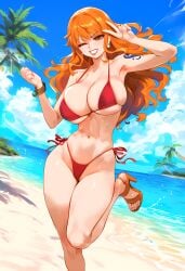 1girls ai_generated bare_arms bare_legs bare_shoulders bare_thighs beach big_breasts bikini bikini_bottom bikini_top blush clothed clothing color female female_focus female_only geo-san hi_res large_breasts light-skinned_female light_skin long_hair looking_at_viewer nami nami_(one_piece) one_piece orange_eyes orange_hair post-timeskip sand sea shounen_jump solo solo_female tagme tattoo thick_thighs water