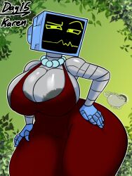 1girls areola ass big_areola big_ass big_breasts big_thighs breasts butt chubby chubby_female clothed dress female female_only gigantic_ass gigantic_breasts hand_on_hip heart huge_areola huge_ass huge_breasts huge_thighs jyto karen_plankton necklace pussy red_dress robot_girl robot_humanoid robotic_arm solo spongebob_squarepants spongebob_squarepants_(series) standing tagme thick_hips thick_thighs tv tv_head voluptuous voluptuous_female