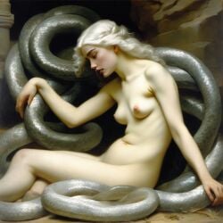 ai_generated belly breasts curvy female lips long_hair navel nipples nude small_breasts snake solo star topless white_hair white_snake william_bouguereau