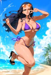 1girls ai_generated bare_arms bare_legs bare_shoulders bare_thighs beach big_breasts bikini bikini_bottom bikini_top black_hair blue_eyes blush clothed clothing color curvaceous curvaceous_body curves curvy curvy_body curvy_female curvy_figure female female_focus female_only geo-san hi_res hourglass_figure large_breasts light-skinned_female light_skin long_hair looking_at_viewer nico_robin one_piece sand sea shounen_jump solo solo_female sunglasses sunglasses_on_head tagme thick_thighs voluptuous voluptuous_female water