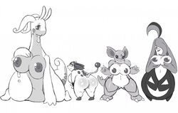 anthro ass bantar2 big_breasts big_butt blush bovine breast_grab breasts cow dragon fat female furry goodra gourgeist huge_breasts jack-o'-lantern miltank monochrome nidoqueen nintendo nipples overweight plant pokemon pokemon_(species) presenting presenting_hindquarters pumpkin pussy rodent slightly_chubby tongue tongue_out video_games