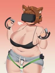 absurdres ahoge animal_ear_fluff animal_ears black_bra bra breasts brown_hair choker cleavage controller cowboy_shot drawstring english_commentary female gradient_background green_nails grey_shorts head-mounted_display highres hitachi_magic_wand holding holding_controller huge_breasts indie_virtual_youtuber masturbation medium_hair mint_castella navel oerba_yun_fang orange_background parted_lips plump puff_of_air sex_toy shorts simple_background smorepi solo sound_effects sweat thick_arms thick_thighs thighs underwear vibrator virtual_youtuber white_background