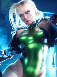 1girls 3d 3d_(artwork) blonde_hair blue_eyes blurry_background breasts cammy_white capcom denim_jacket dynamic_pose female female_focus female_only hip_dips jacket jacket_open leotard light-skinned_female light_skin looking_at_viewer mikadawn open_mouth scar scar_on_face short_hair solo solo_female solo_focus street_fighter