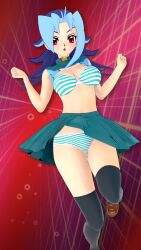 blue_hair blush bra female huge_breasts kamishiro_rio koikatsu legwear long_hair open_mouth panties red_eyes rio_kamishiro skirt_up solo sowen thick_legs underwear yu-gi-oh! yu-gi-oh!_zexal