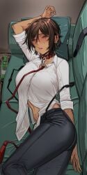 1girls blush bottle brown_hair brown_skin clothing collar collared_shirt couch dark-skinned_female dark_skin earrings hi_res leash limbus_company lying lying_down lying_on_back necktie outis_(limbus_company) project_moon rhlatm shirt solo sweat white_shirt