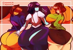 3girls ale64_xd ass big_ass big_breasts breasts brown_hair brown_shorts chara clothing deltarune female female_chara female_chara_(undertale) female_frisk female_frisk_(undertale) female_only frisk frisk_(undertale) huge_ass kfc_(undertale/deltarue) kris_(dark_world_form) kris_(deltarune) kris_dreemurr kris_female_(deltarune) looking_at_viewer red_eyes short_hair tagme trio undertale undertale_(series) video_games