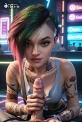 1boy 1boy1girl 1girls ai_generated arm_tattoo asymmetrical_hair black_hair bracelet breasts brown_eyes cd_projekt_red cleavage collarbone cyberpunk_2077 erection female fingernails green_hair handjob hi_res jewelry judy_alvarez lips looking_at_viewer medium_breasts mohawk multicolored_hair nail_polish nose penis penis_grab pink_hair pov r34arts short_hair small_breasts solo_focus straight tattoo uncensored undercut veins veiny_penis