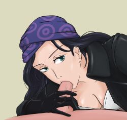 artist_request black_hair blowjob blue_green_eyes female female_focus gloves leather_jacket looking_at_viewer male nico_robin one_piece one_piece_film_red pirate