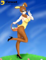 1girls ass ass_grab ass_up breasts brown_eyes brown_hair bunny bunny_costume bunny_ear bunny_ears bunny_girl bunny_tail bunnysuit cassandra easter easter_bunny egg egg_basket female female_only firecat_6 glasses hands legs legs_up lenses looking_at_viewer only only_female pose short_hair