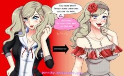 1girls ann_takamaki attitude_adjustment before_and_after big_breasts blonde_hair blue_eyes blush brainwashing breasts cleavage collar dress grey_hair heart-shaped_pupils hypnosis mind_control persona persona_5 personality_change porniky smile stepford_wife stepfordization text twintails wife