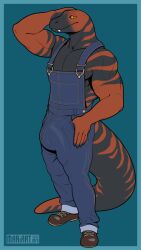 2022 9:16 anthro black_body blue_background bulge clothing detailed_bulge genital_outline hand_on_head hi_res looking_at_viewer male male_only multicolored_body muscular muscular_anthro muscular_male omari orange_body orange_eyes overalls overalls_only pecs penis_outline pupils reptile scalie simple_background slit_pupils solo striped_body stripes two_tone_body