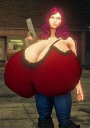 1girls 3d casual enormous_breasts female firearm game_mod handgun human hyper hyper_breasts jackd22 pale_skin playa_(saints_row) public saints_row saints_row_the_third weapon