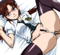 1girls anal anal_masturbation anal_object_insertion bar_censor black_legwear breasts brown_hair censored clothed_masturbation clothing female glasses green_eyes human kamisimo_90 light-skinned_female light_skin long_hair looking_at_viewer lying mari_illustrious_makinami masturbation medium_breasts necktie neon_genesis_evangelion object_insertion on_back pussy rebuild_of_evangelion sex_toy spread_legs stockings thighhighs