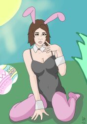 brown_hair bunny bunny_costume bunny_ear bunny_ears bunny_girl bunnygirl bunnysuit dmsketch94 easter easter_egg easter_eggs grass green_eyes holidays