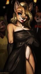 1boy 2022 2girls animal_ears anthro artist_name black_nose black_pupils blonde_hair blue_eyes blue_iris breasts canine canine_humanoid cleavage clothing_lift crossed_legs digital_media_(artwork) dress dress_lift ear_tuft exhibitionism eyebrows eyelashes female fox fox_humanoid furry furry_female furry_male furry_only lips lipstick male mammal mammal_humanoid no_panties one_eye_closed pussy ratatooey red_lipstick solo_focus suit_and_tie tagme tan_body tuft white_body white_sclera