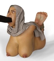 3d 3d_(artwork) angry artist_request blowjob bondage chubby crying daz3d hijab hogtie mature_female middle_eastern naked_hogtie rape tears throat_fuck tikka