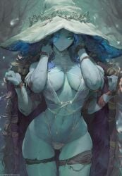 1girls 2022 absurd_res areola_slip artist_signature athletic_female barely_clothed blue_body blue_eyes blue_hair blue_skin breasts cloak cutesexyrobutts elden_ring facial_markings female female_only four_arms fromsoftware hat hips large_breasts large_hat long_hair looking_at_viewer nipples_visible_through_clothing one_eye_closed ranni_the_witch slim_waist solo thick_thighs thighs white_clothing wide_hips witch_hat