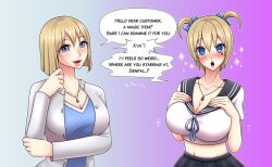 1girls before_and_after big_breasts blonde_hair blue_eyes blush bow brainwashing color heart-shaped_pupils huge_breasts hypnosis looking_at_viewer milf mind_control necklace original original_character personality_change porniky school_uniform short_hair skirt solo text transformation twintails