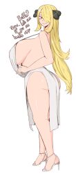 1girls alternate_breast_size ass big_ass big_breasts big_butt blonde_hair breasts butt cynthia_(pokemon) english_text female female_only game_freak grand_sanctuary hair_ornament huge_breasts nintendo pokemon pokemon_dppt smile solo standing text thick_thighs